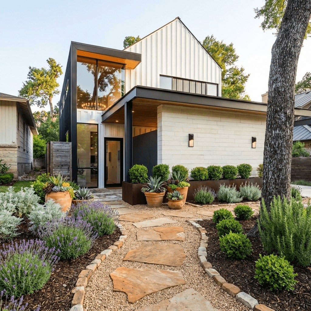 Front yard after transformation showing a curved flagstone stepping path set in pea gravel edged with narrow stone, layered mulched beds planted with mounded lavender, silvery foliage plants, clipped evergreen shrubs, rosemary, and terracotta pots of succulents under bright afternoon sun.