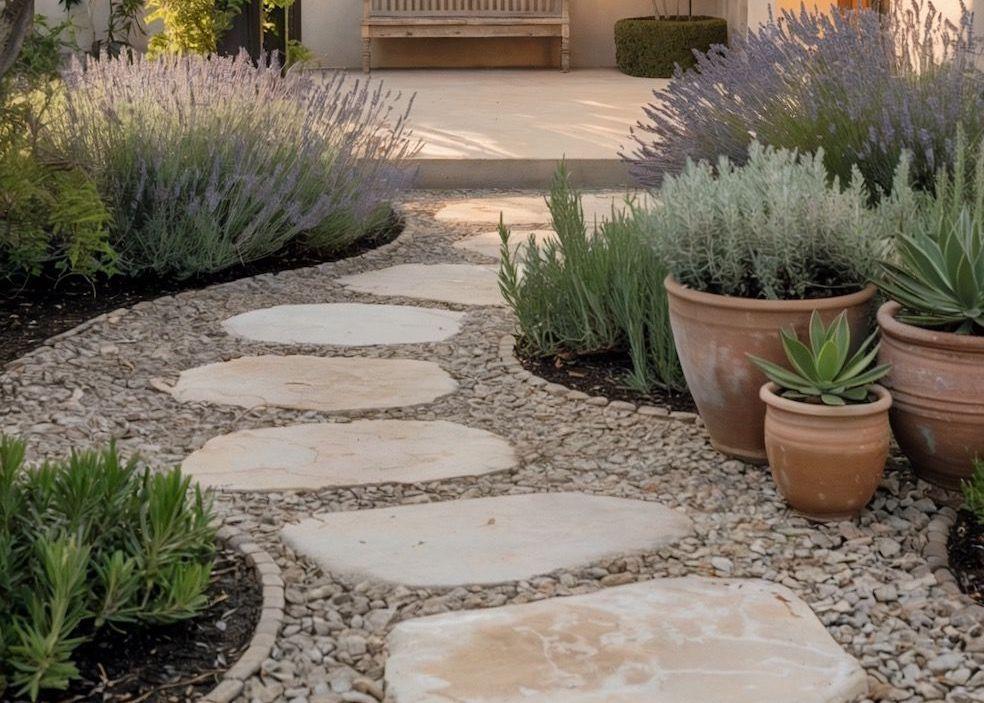 Inspiration image of a modern Mediterranean xeriscape entry with muted purple and silver foliage, warm clay terracotta pots, flagstone path, and contrasting hardscape and softscape.