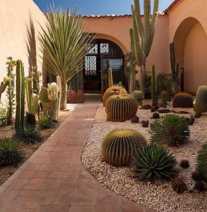 Xeriscape courtyard inspiration with curved gravel beds, terracotta tile path, columnar cacti, barrel and agave rosettes, low succulents, pale crushed-rock groundcover and scattered dark rock accents.