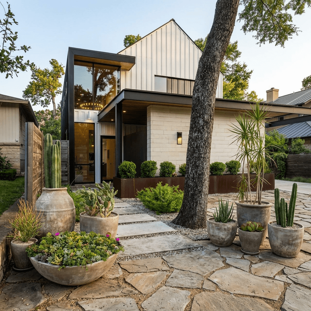 Front entrance with new irregular flagstone patio, large ceramic pots filled with dense succulent groundcover, columnar cacti, prickly pear, and a dragon tree; gravel top-dress and refreshed mulch
