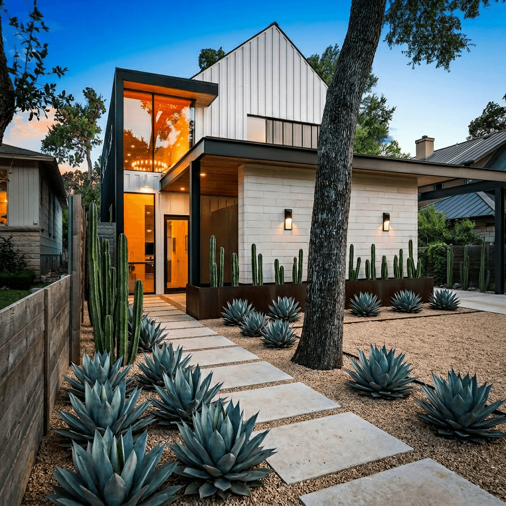 Front-eye-level view of an Austin house front yard transformed to a minimalist desert xeriscape with beige gravel beds, light stone edging, large blue-gray agave rosettes and tall columnar cacti, plus stone paver walkway.